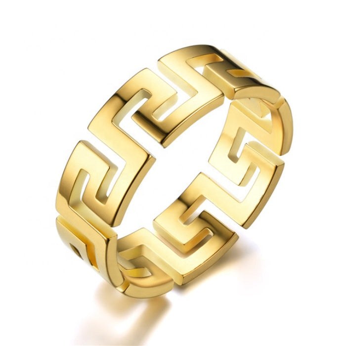 Aztec Ring made of tarnish-free stainless steel in gold and silver colors, featuring intricate Aztec designs.