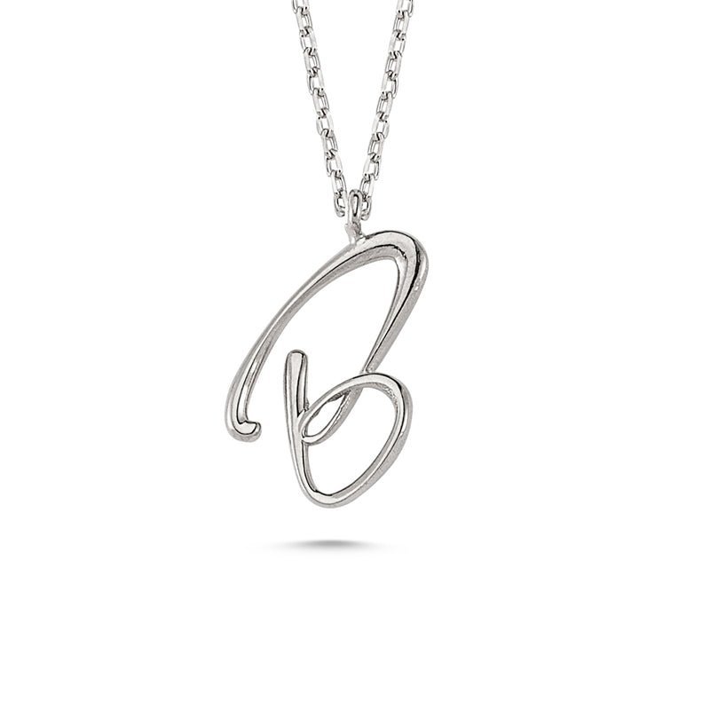 B Letter Mini Initial Silver Necklace featuring a flat 'B' pendant on a sterling silver chain with rose gold or rhodium plating.