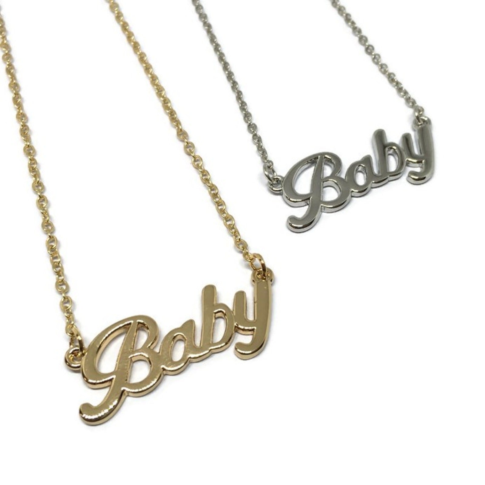 A beautiful Baby Signature Necklace made of stainless steel, featuring a customizable pendant and adjustable chain length, displayed elegantly.