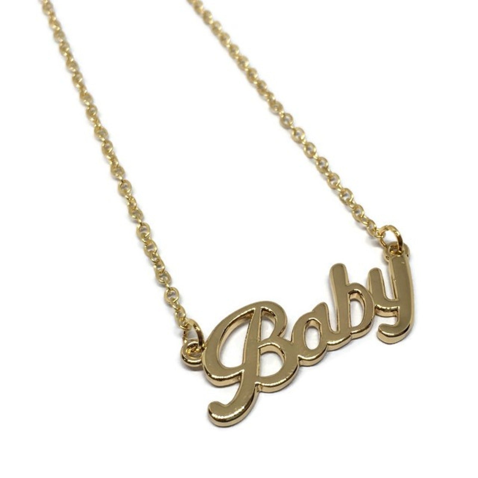 A beautiful Baby Signature Necklace made of stainless steel, featuring a customizable pendant and adjustable chain length, displayed elegantly.