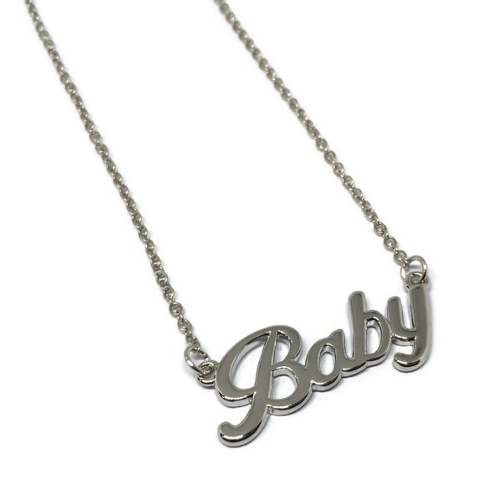 A beautiful Baby Signature Necklace made of stainless steel, featuring a customizable pendant and adjustable chain length, displayed elegantly.