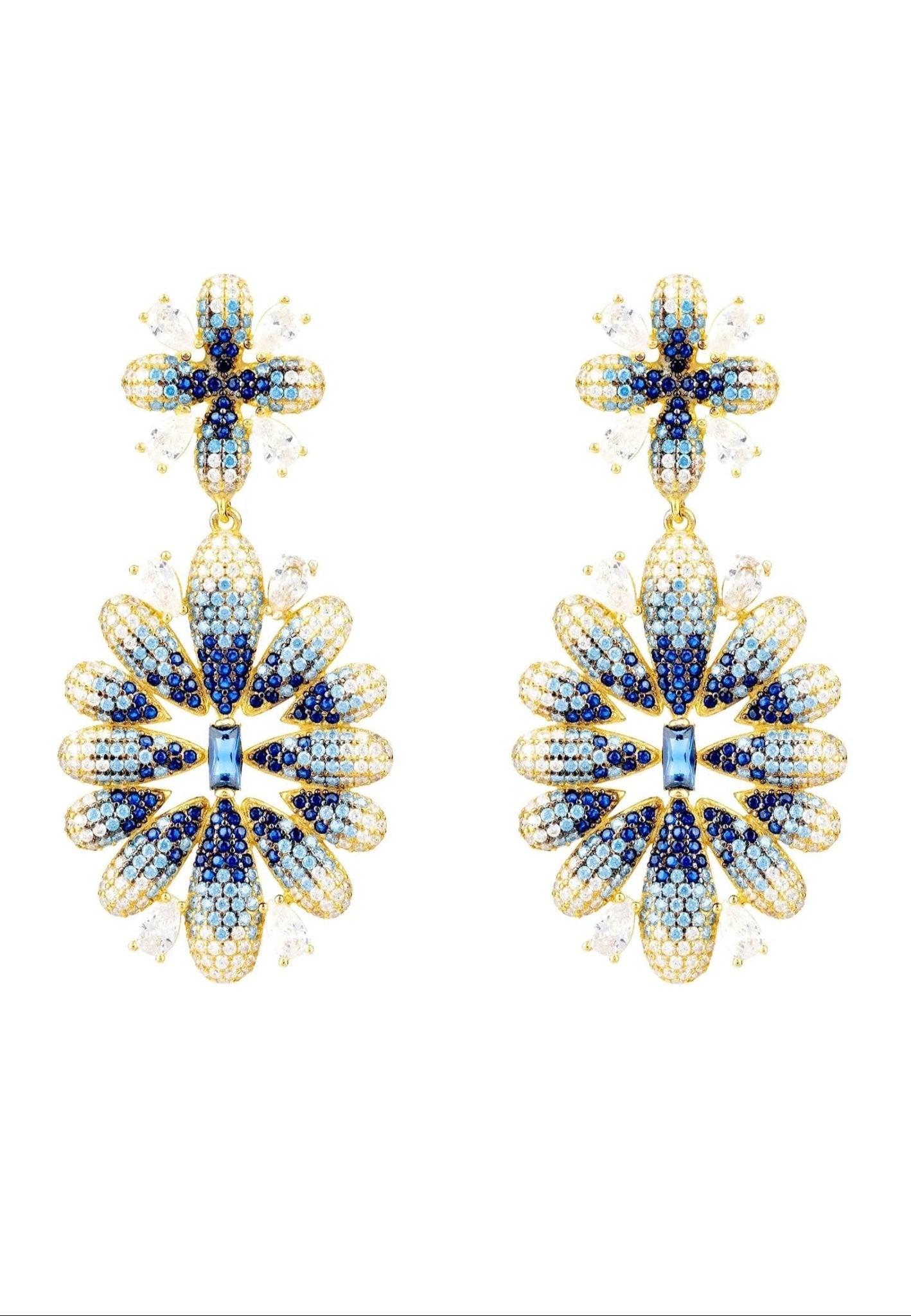 Babylon Flower Drop Earrings in gold and blue featuring intricate flower design with sapphire gemstones and micro pave zircons.