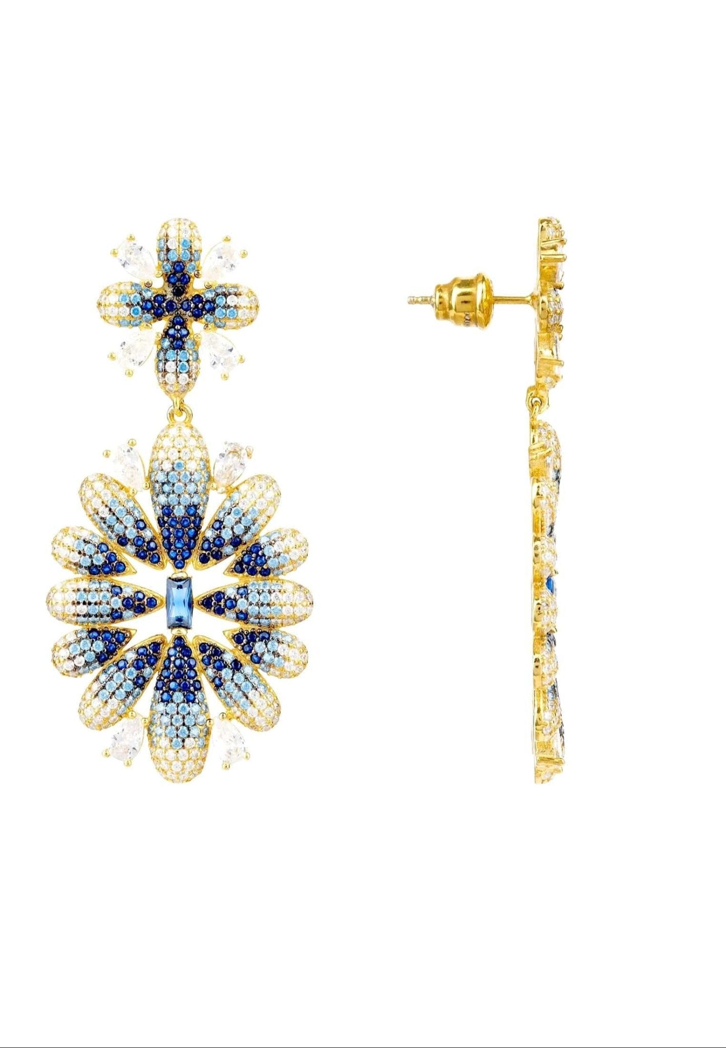 Babylon Flower Drop Earrings in gold and blue featuring intricate flower design with sapphire gemstones and micro pave zircons.