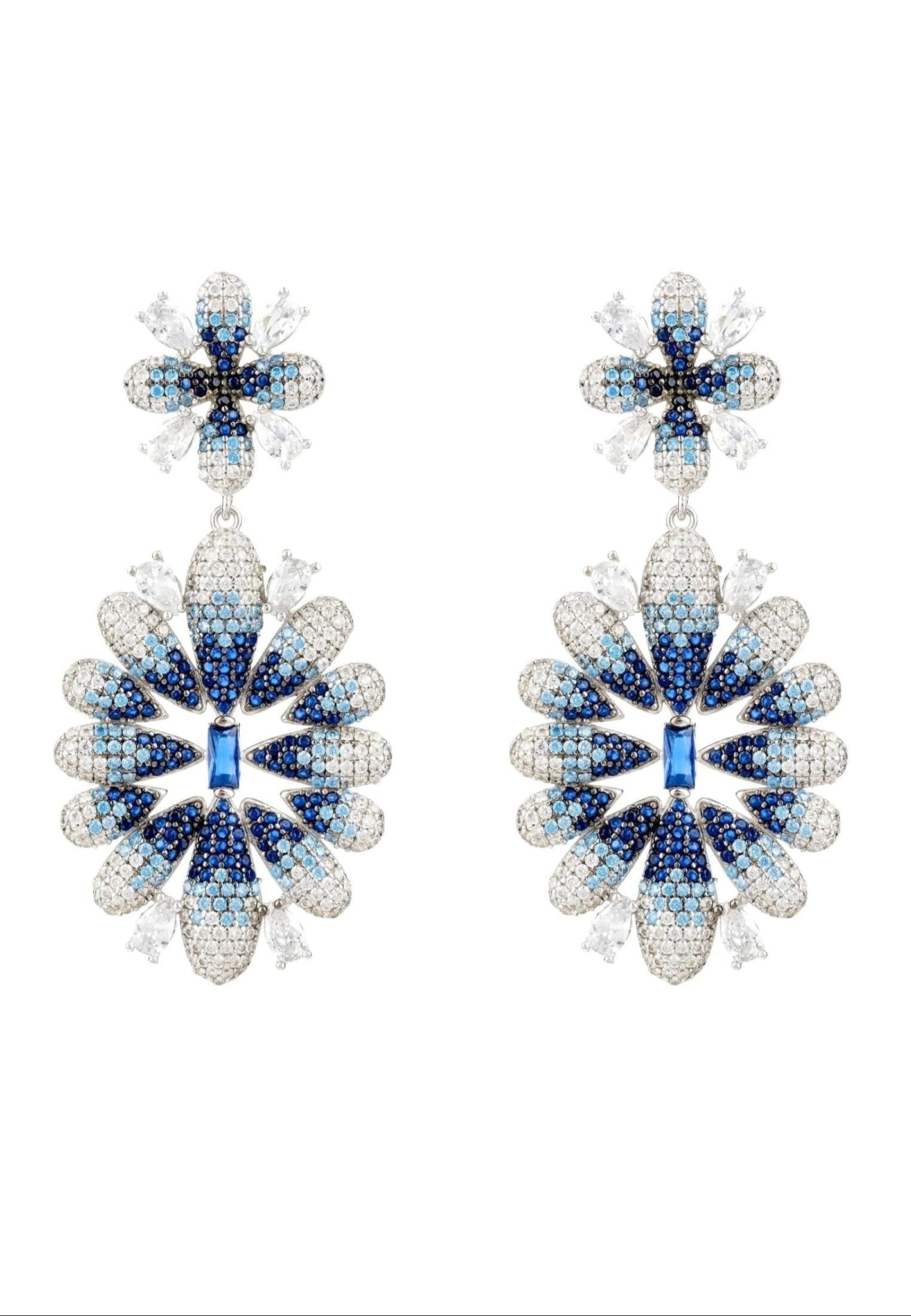 Babylon Ice Blue Gradient Flower Drop Earrings in silver featuring intricate floral design with sapphire blue and white zircon gemstones.