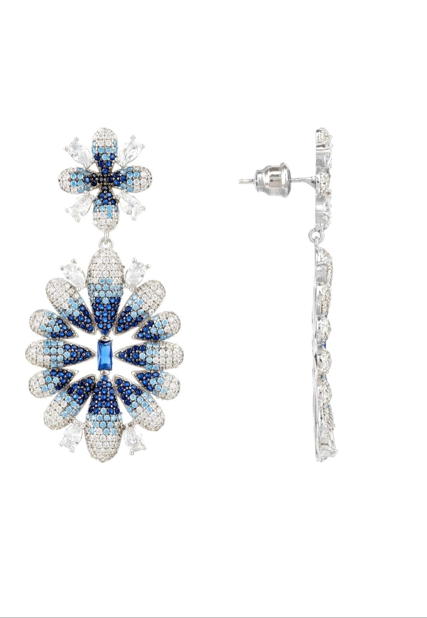 Babylon Ice Blue Gradient Flower Drop Earrings in silver featuring intricate floral design with sapphire blue and white zircon gemstones.