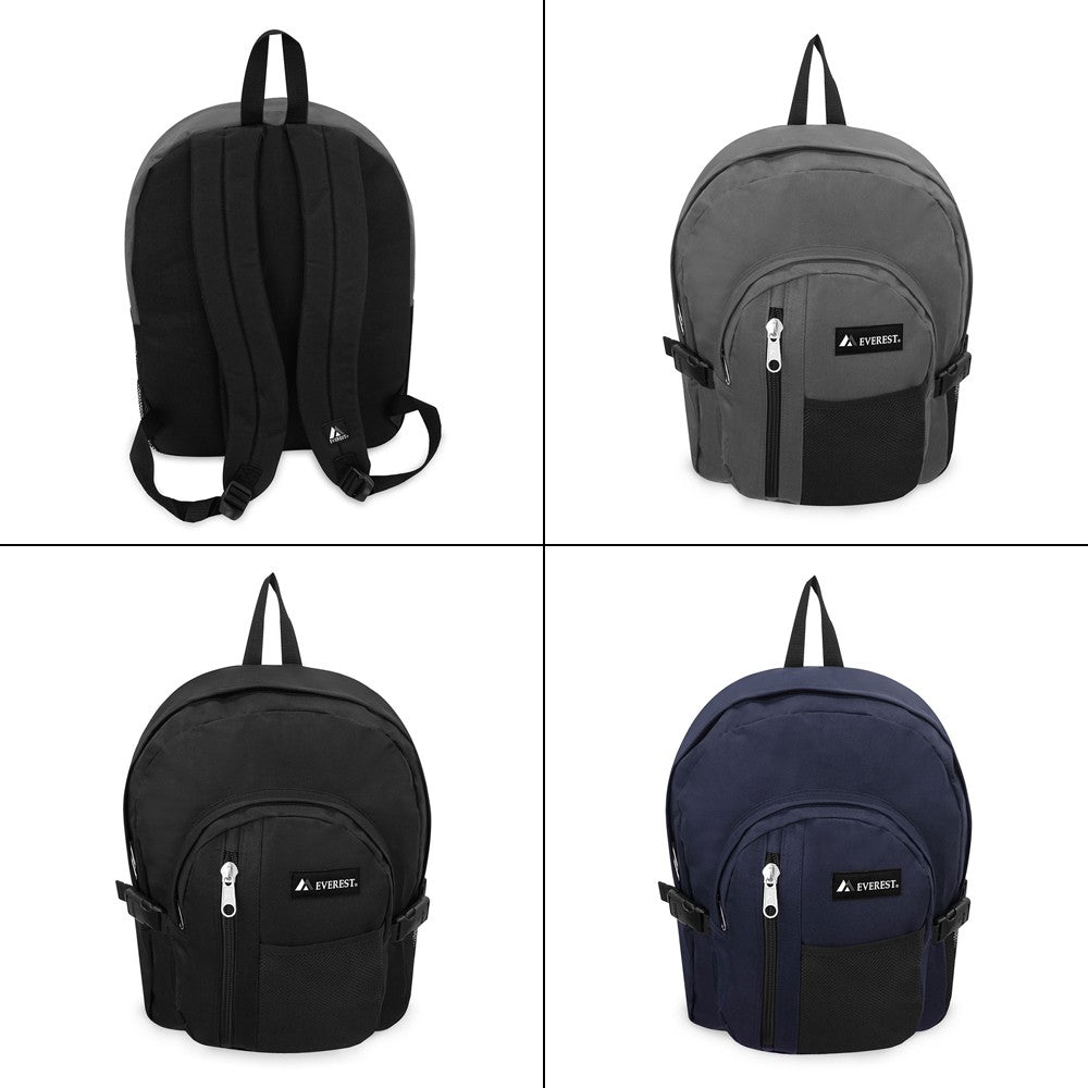 A spacious double compartment backpack featuring a front mesh pocket, three front pockets, and a side mesh pocket for a water bottle, made from durable 600D polyester.