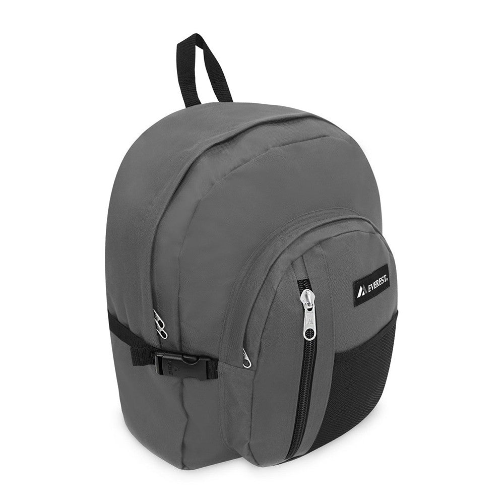 A spacious double compartment backpack featuring a front mesh pocket, three front pockets, and a side mesh pocket for a water bottle, made from durable 600D polyester.