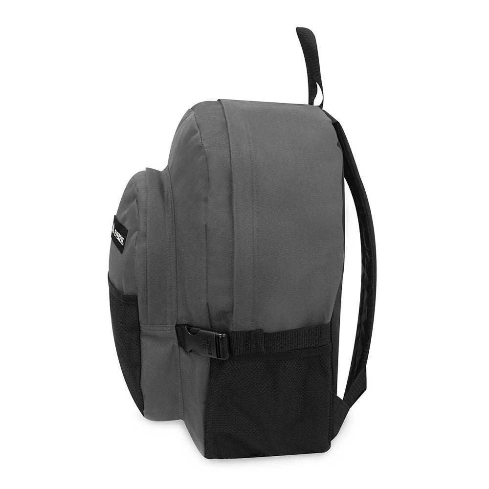 A spacious double compartment backpack featuring a front mesh pocket, three front pockets, and a side mesh pocket for a water bottle, made from durable 600D polyester.