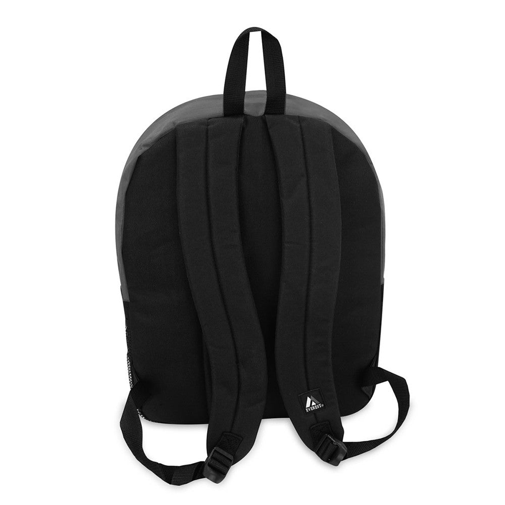 A spacious double compartment backpack featuring a front mesh pocket, three front pockets, and a side mesh pocket for a water bottle, made from durable 600D polyester.