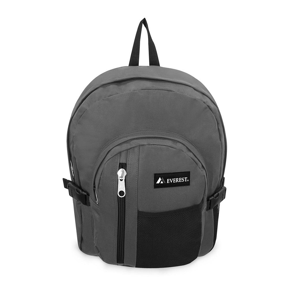 A spacious double compartment backpack featuring a front mesh pocket, three front pockets, and a side mesh pocket for a water bottle, made from durable 600D polyester.