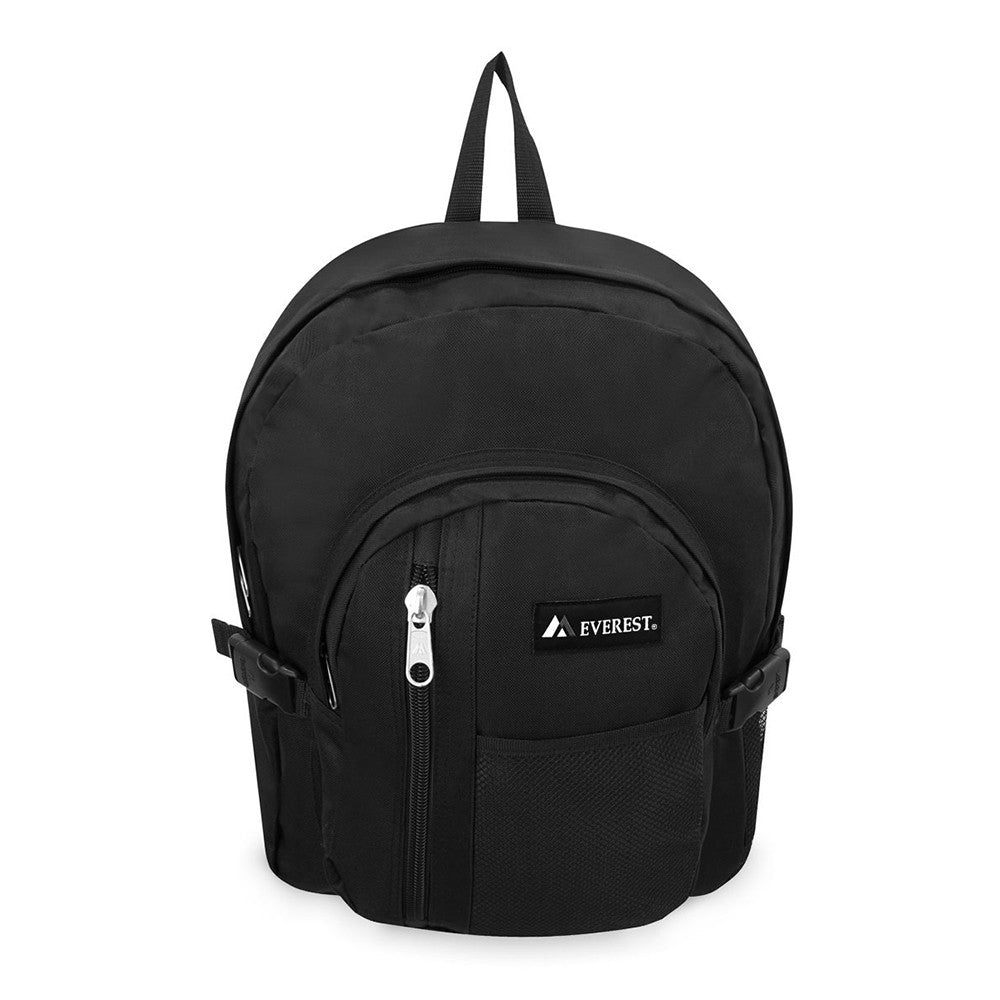 A spacious double compartment backpack featuring a front mesh pocket, three front pockets, and a side mesh pocket for a water bottle, made from durable 600D polyester.