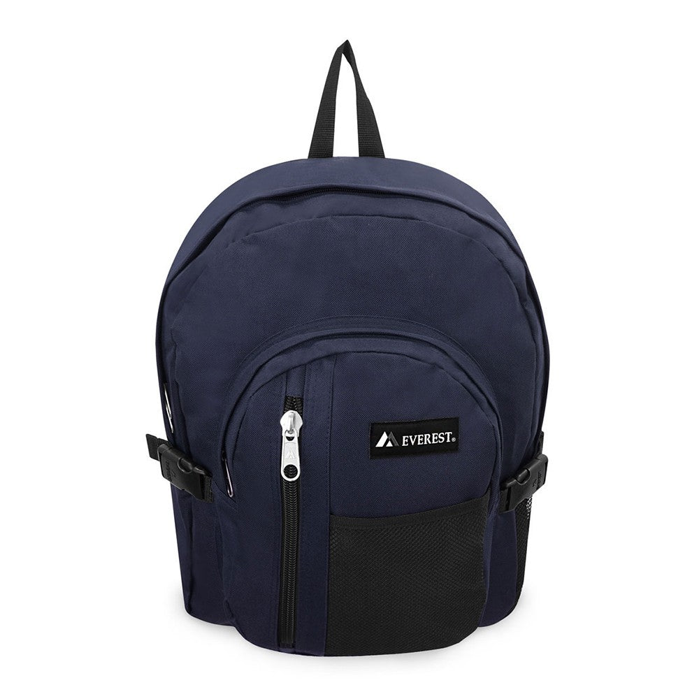 A spacious double compartment backpack featuring a front mesh pocket, three front pockets, and a side mesh pocket for a water bottle, made from durable 600D polyester.