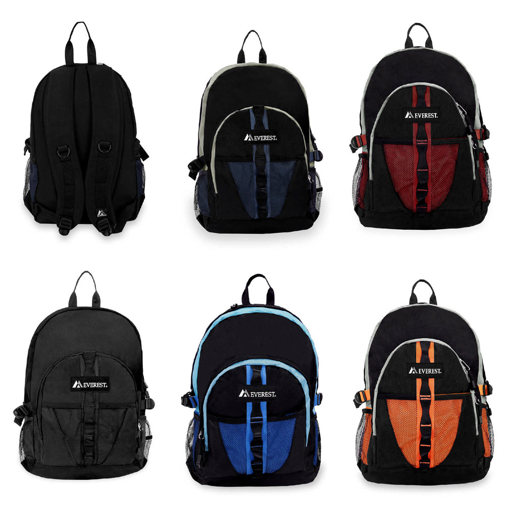 Two-tone backpack featuring dual mesh pockets, front bungee strap, and zippered compartments, ideal for sporty and everyday use.