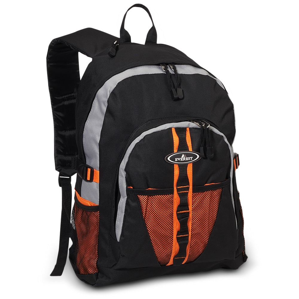 Two-tone backpack featuring dual mesh pockets, front bungee strap, and zippered compartments, ideal for sporty and everyday use.