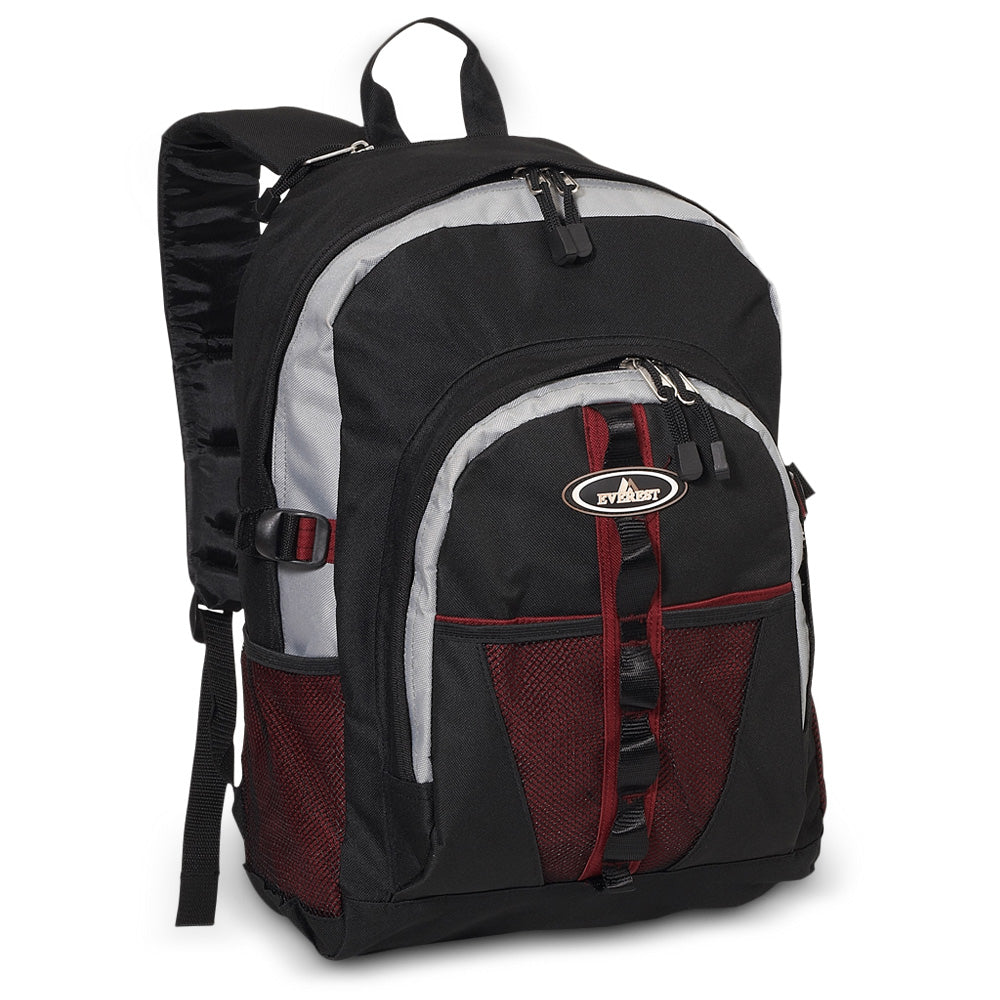 Two-tone backpack featuring dual mesh pockets, front bungee strap, and zippered compartments, ideal for sporty and everyday use.