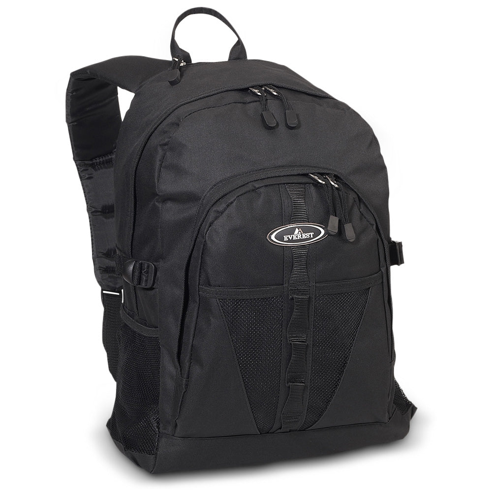 Two-tone backpack featuring dual mesh pockets, front bungee strap, and zippered compartments, ideal for sporty and everyday use.