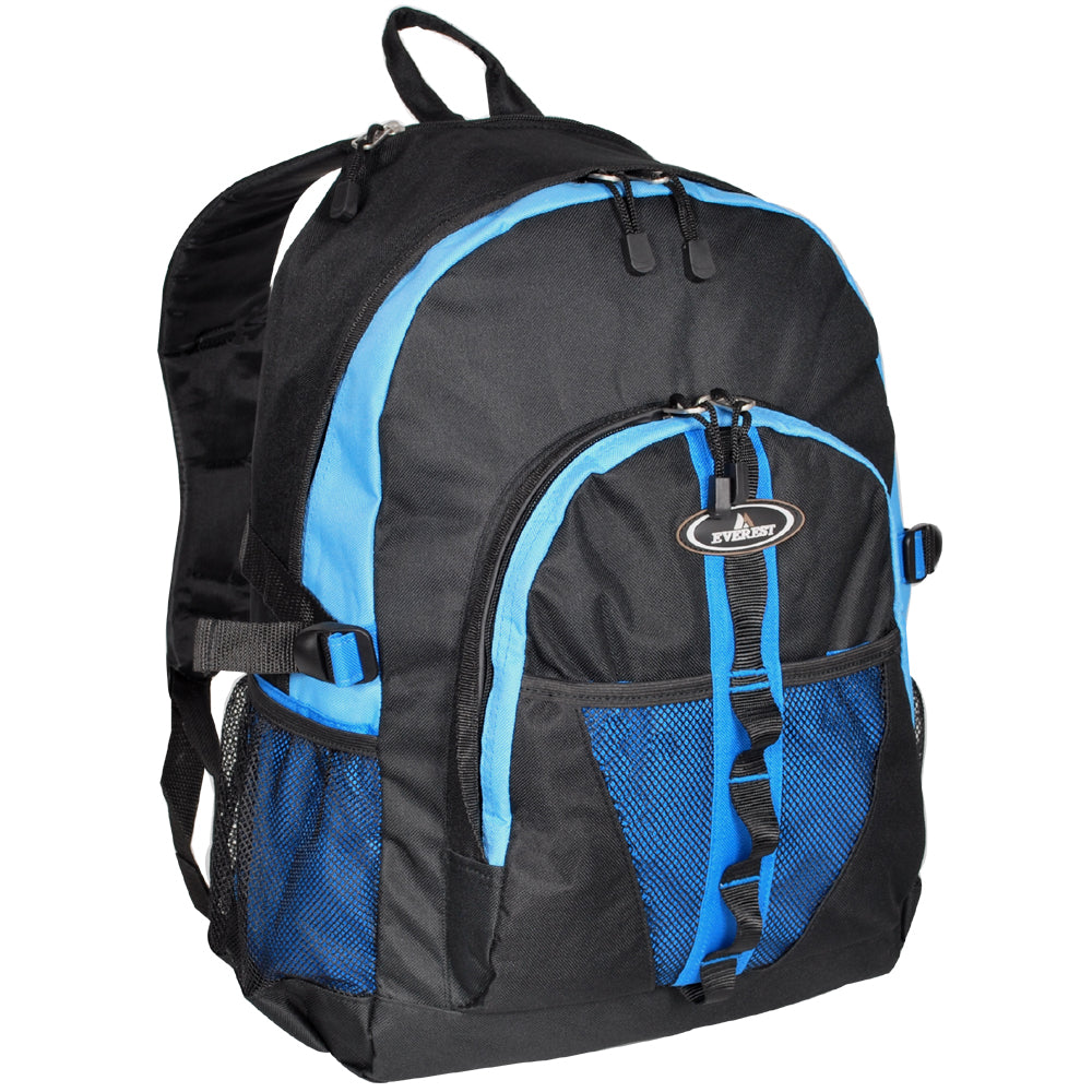 Two-tone backpack featuring dual mesh pockets, front bungee strap, and zippered compartments, ideal for sporty and everyday use.