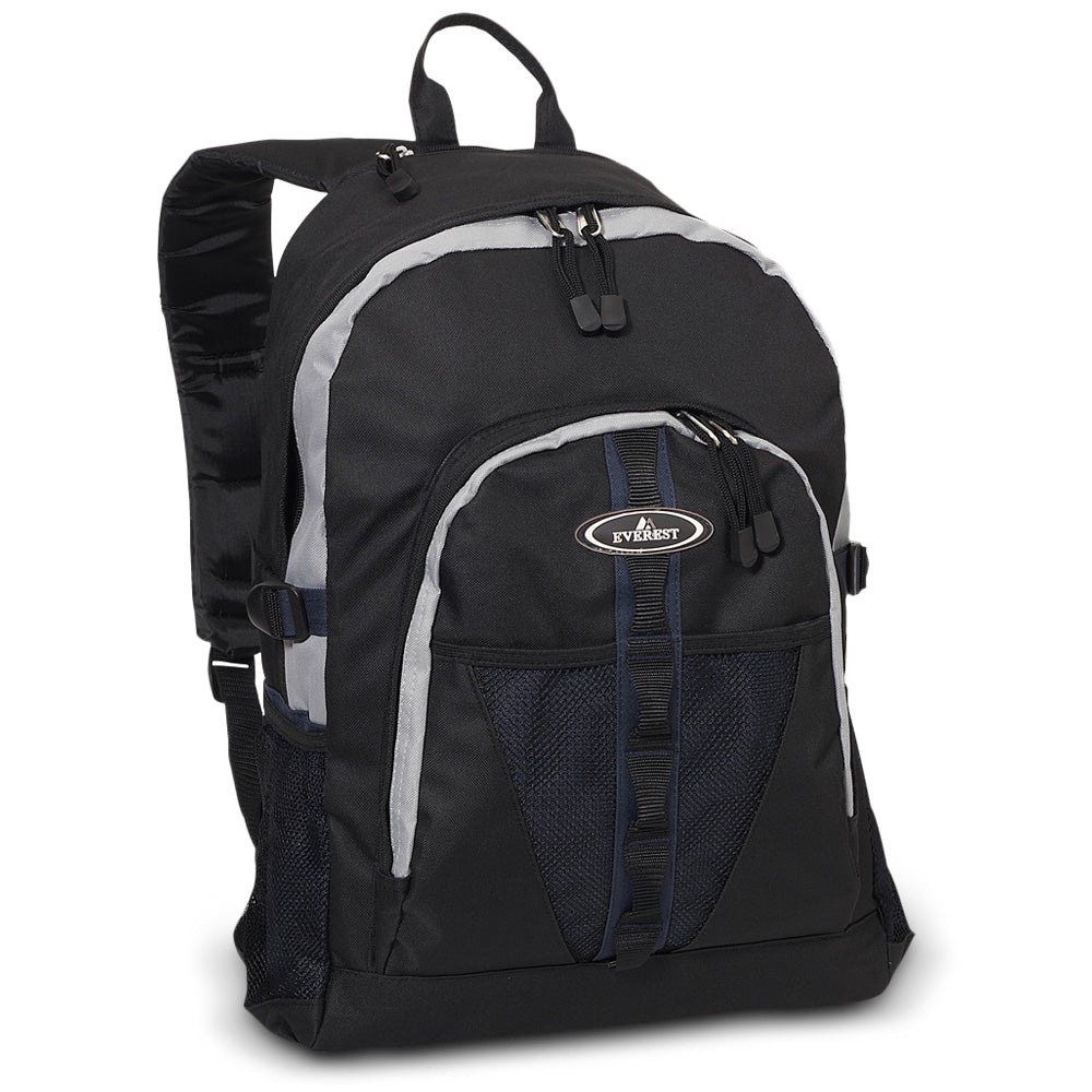 Two-tone backpack featuring dual mesh pockets, front bungee strap, and zippered compartments, ideal for sporty and everyday use.