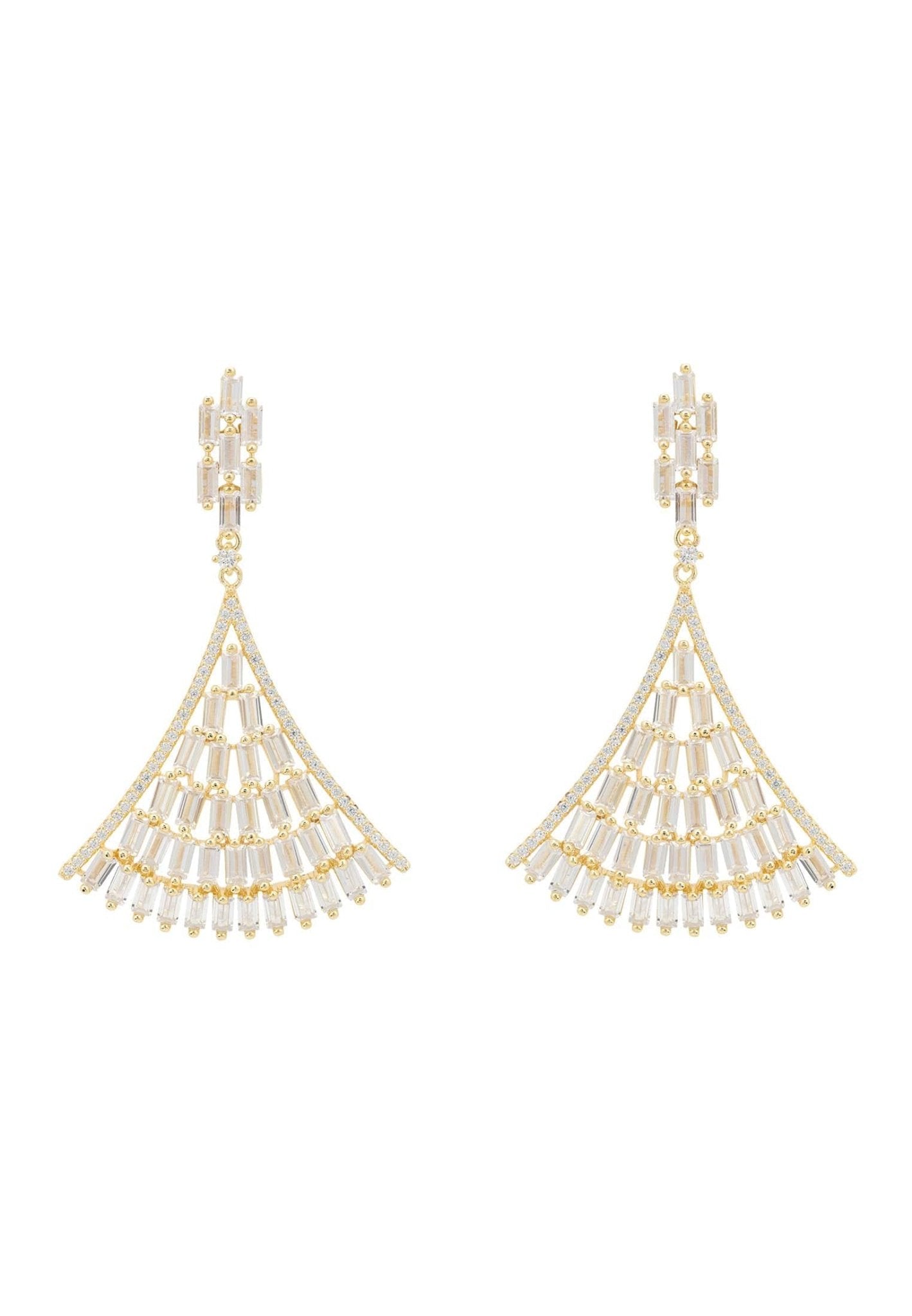 Elegant Baguette Fan Tail Earrings in Gold featuring sparkling zircon embellishments, designed in an Art Deco style.