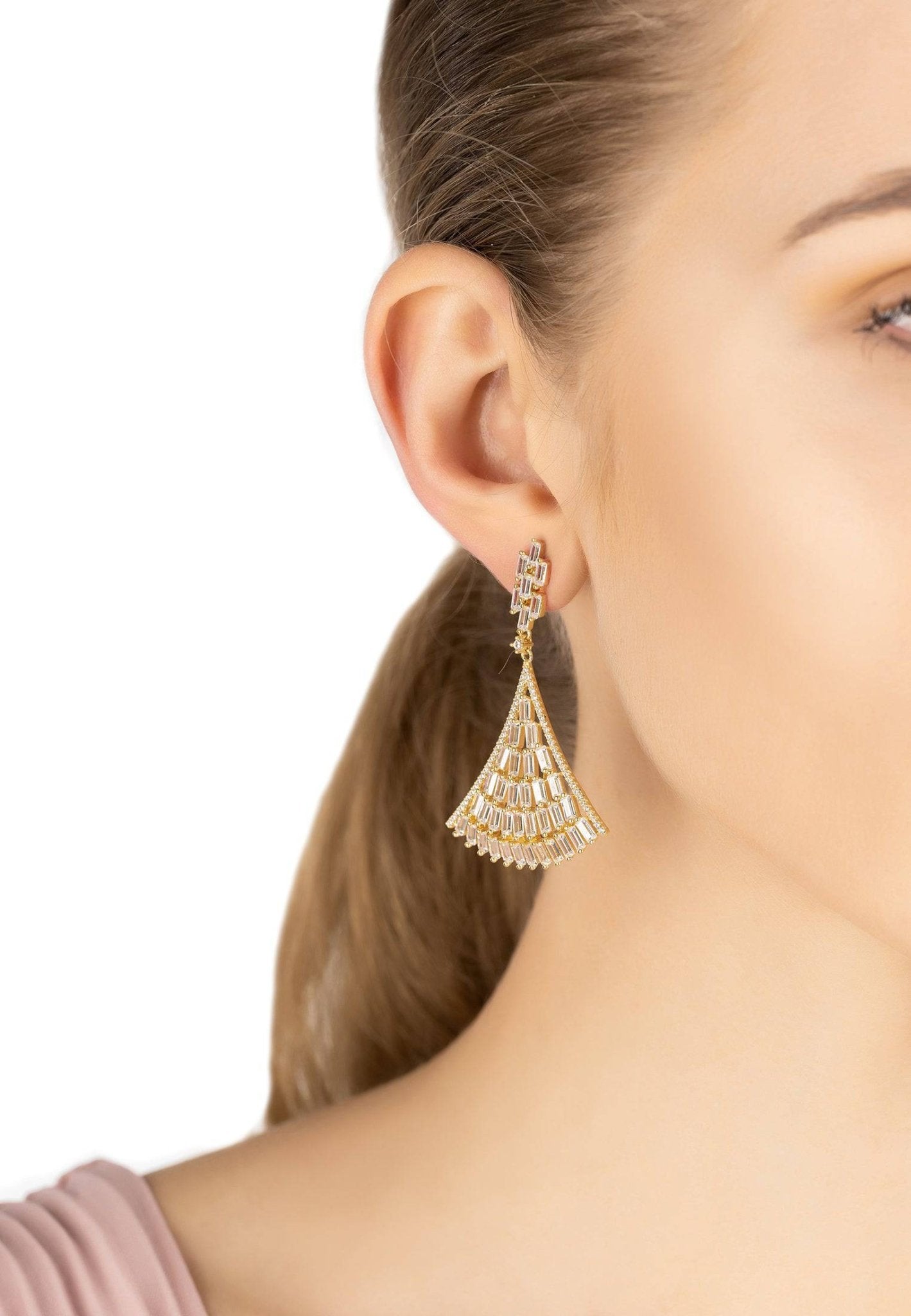 Elegant Baguette Fan Tail Earrings in Gold featuring sparkling zircon embellishments, designed in an Art Deco style.