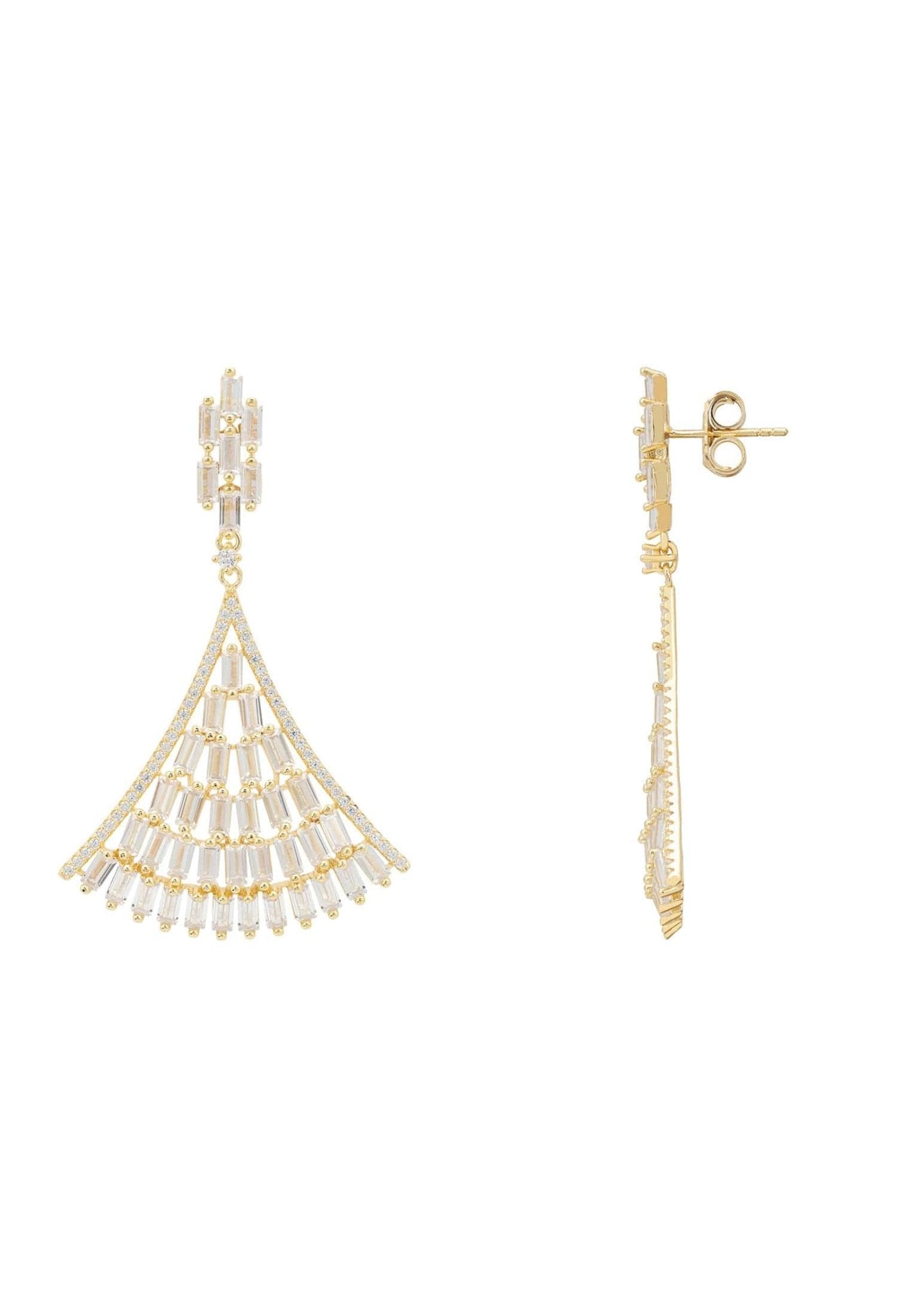 Elegant Baguette Fan Tail Earrings in Gold featuring sparkling zircon embellishments, designed in an Art Deco style.