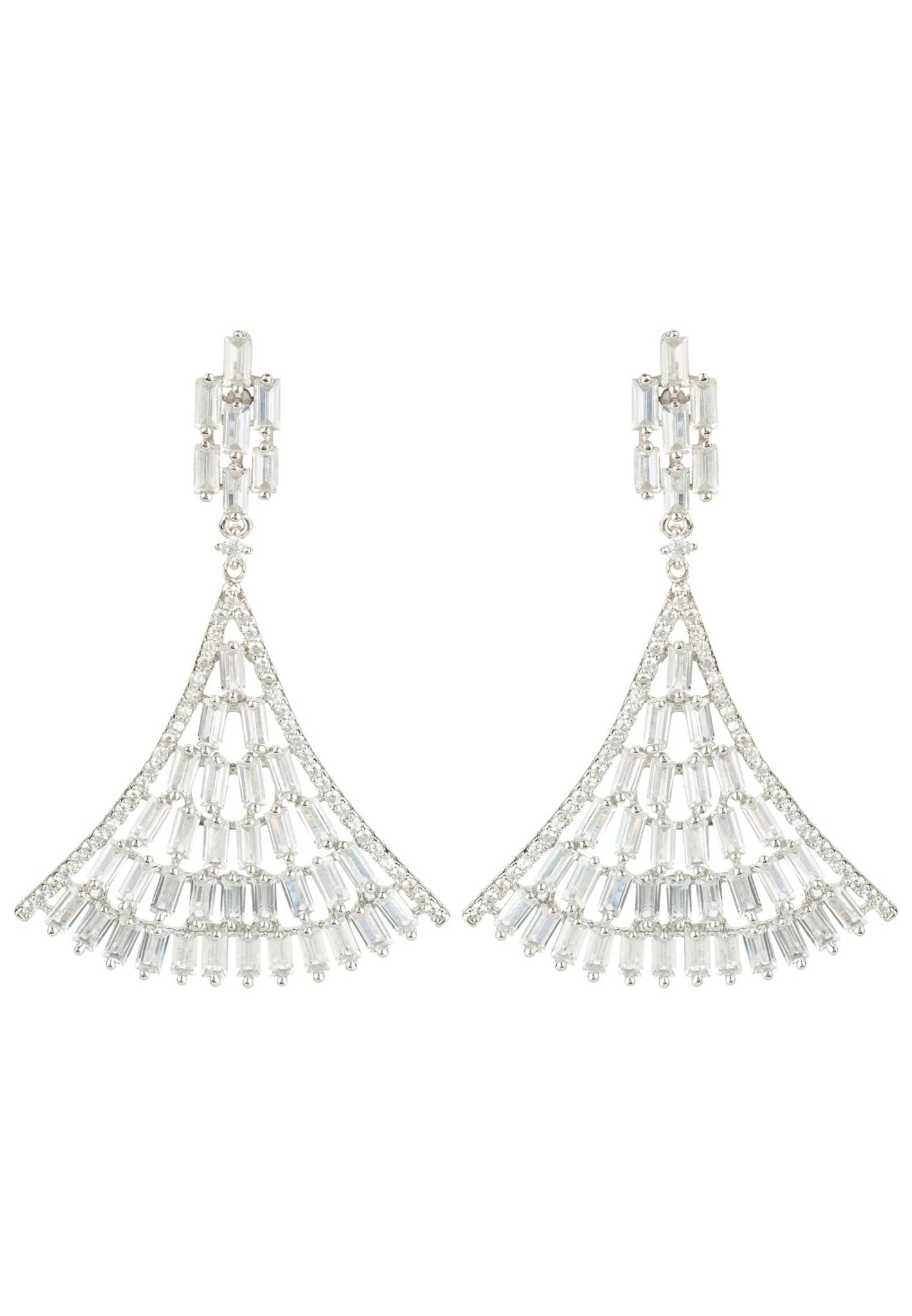 Elegant silver Baguette Fan Tail Earrings featuring intricate design and sparkling zircons, perfect for special occasions.