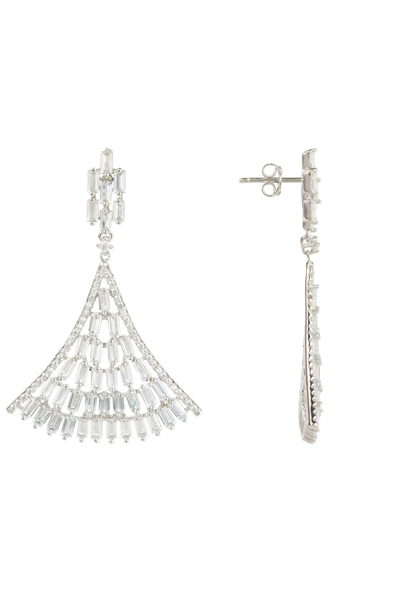 Elegant silver Baguette Fan Tail Earrings featuring intricate design and sparkling zircons, perfect for special occasions.