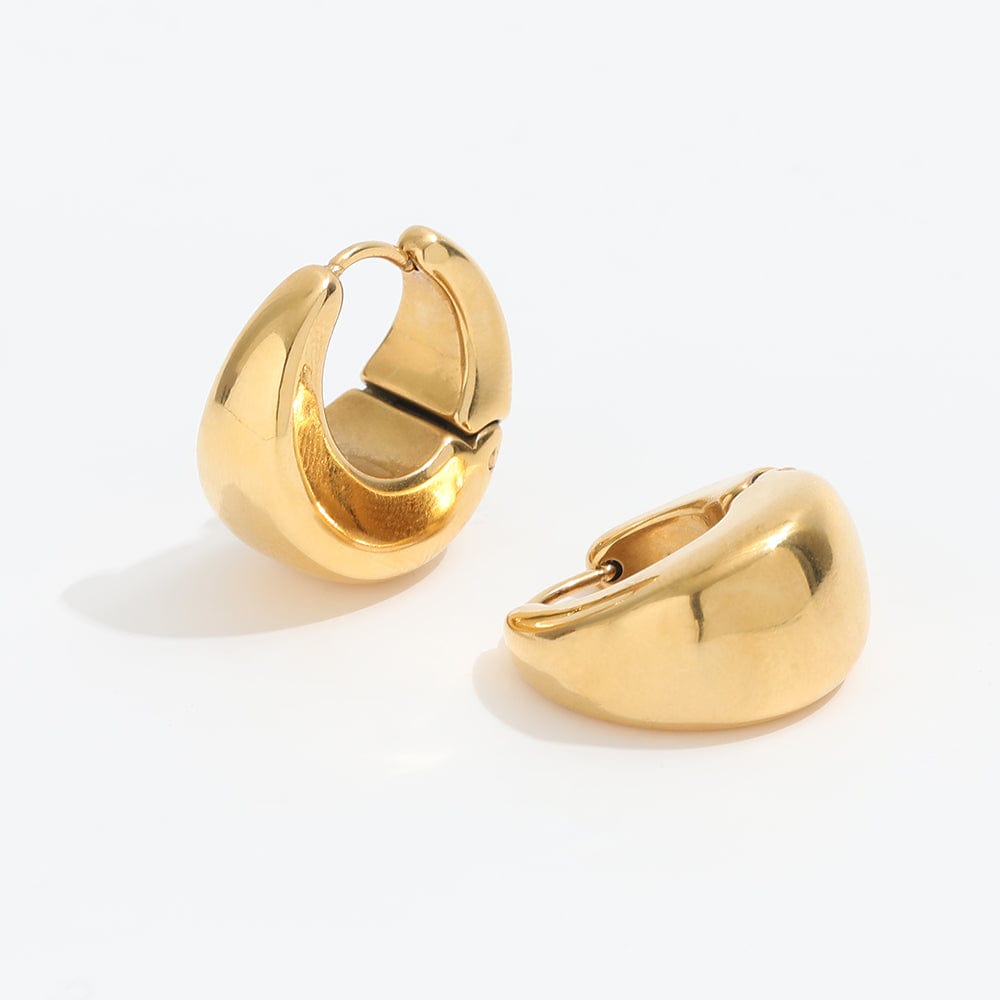 Baji Chunky Boat Polished Hoop Earrings in 18Kt yellow gold coating, showcasing a unique polished design.