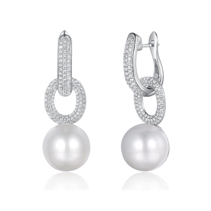 Elegant U shape link chain fashion pearl earrings made of sterling silver with white sapphires and shell pearls.