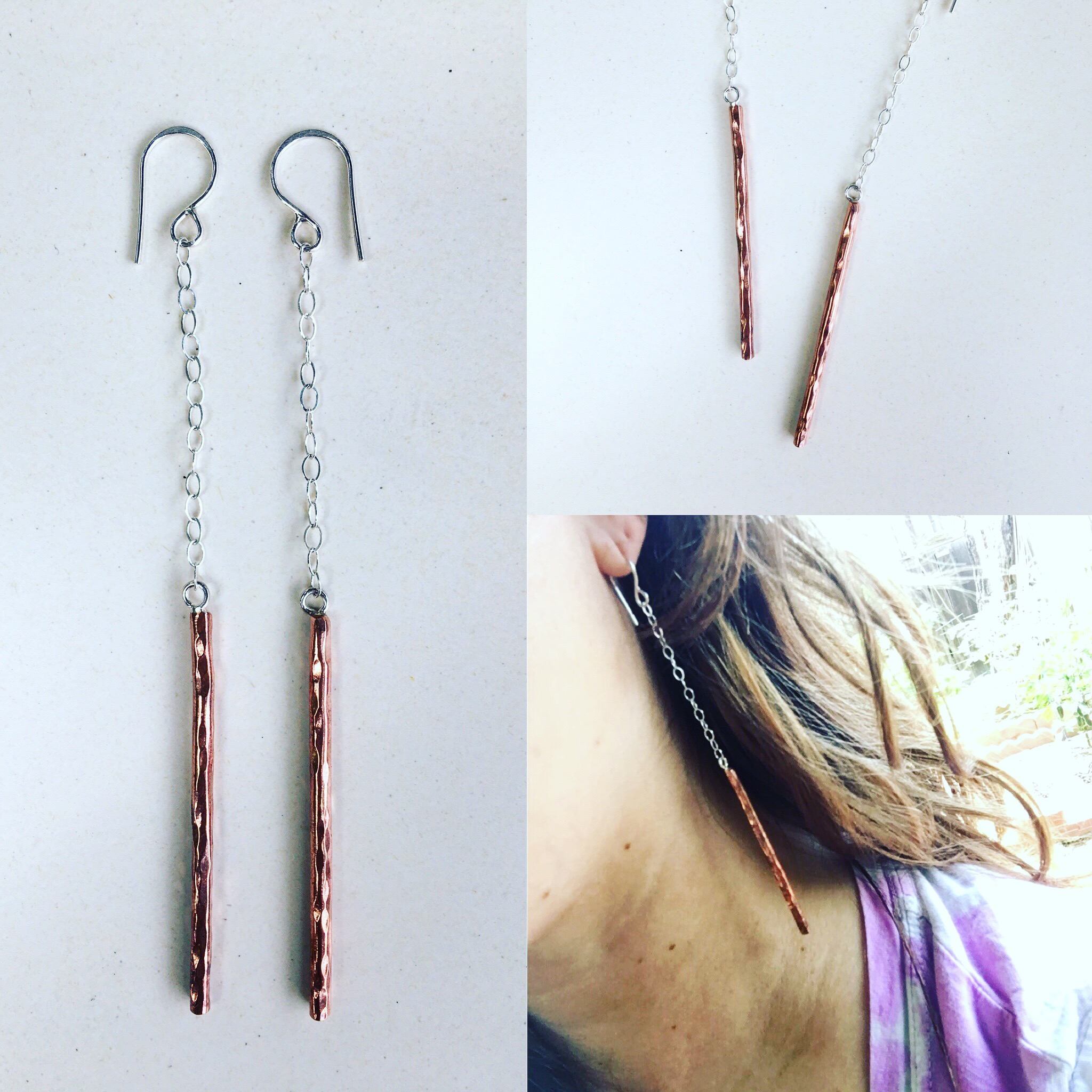 A pair of handmade Balance Earrings featuring rustic textured wire and a lightweight cable chain, available in various finishes.