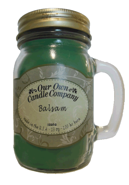 Balsam Pine Candle in a mason jar, showcasing its rustic design and inviting scent.