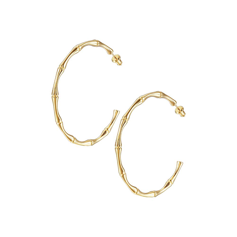 Stylish Bamboo Earhoops made from hypoallergenic stainless steel with 14K gold PVD plating, showcasing their elegant design.