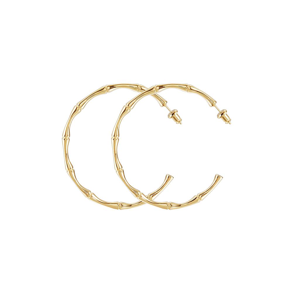 Stylish Bamboo Earhoops made from hypoallergenic stainless steel with 14K gold PVD plating, showcasing their elegant design.