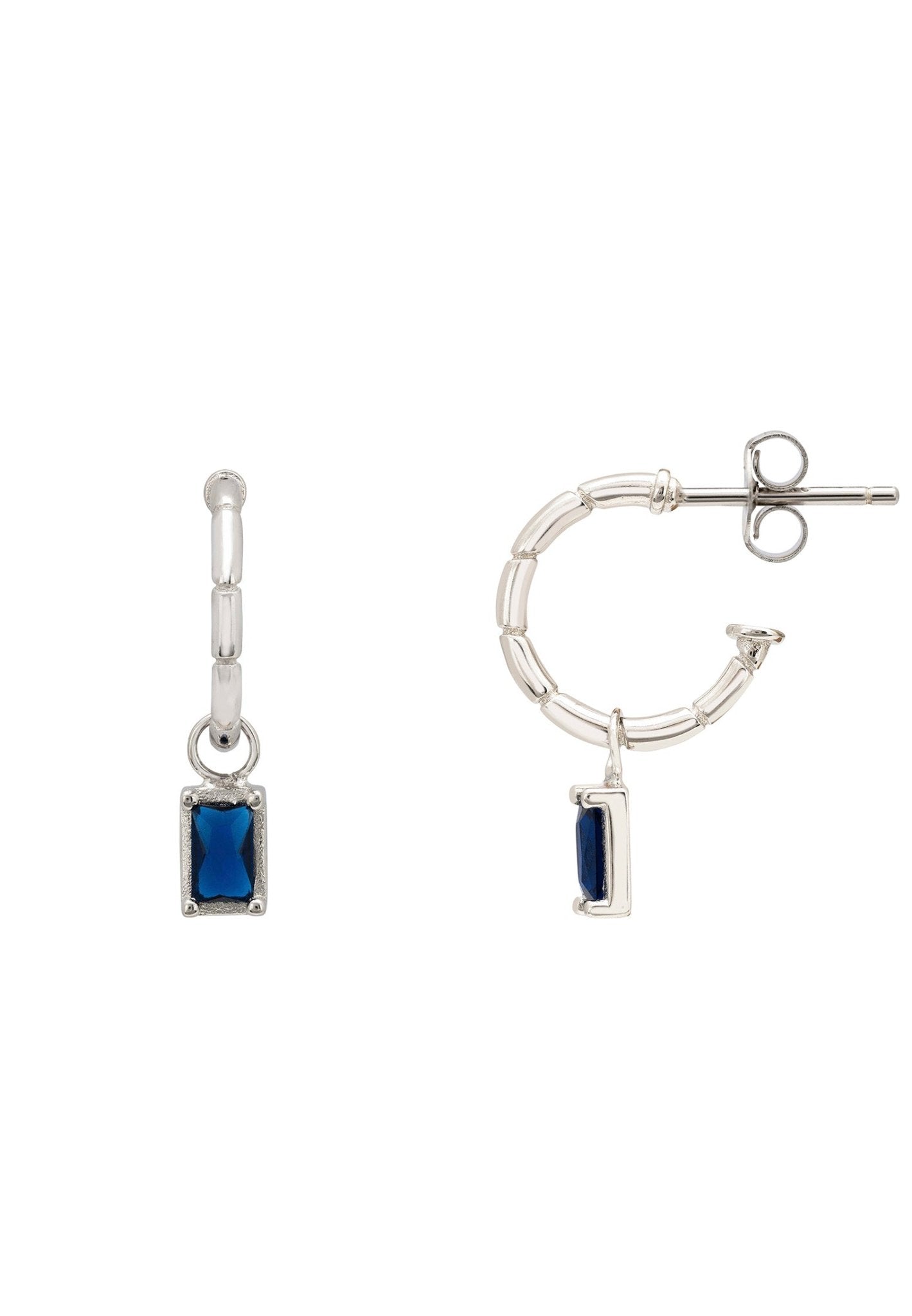 A pair of Bamboo Hoop Earrings made of sterling silver, featuring detachable rectangular lab-created sapphires, elegantly designed to resemble bamboo.