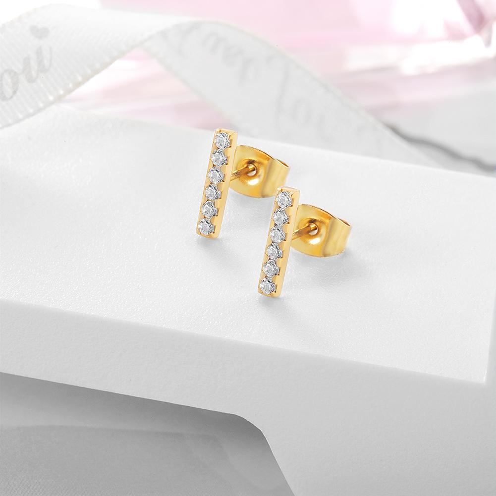 Elegant BAR CZ Stud Earrings made from surgical stainless steel with gold plating, showcasing a modern design.