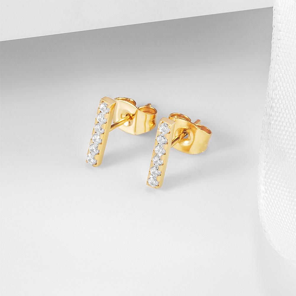 Elegant BAR CZ Stud Earrings made from surgical stainless steel with gold plating, showcasing a modern design.