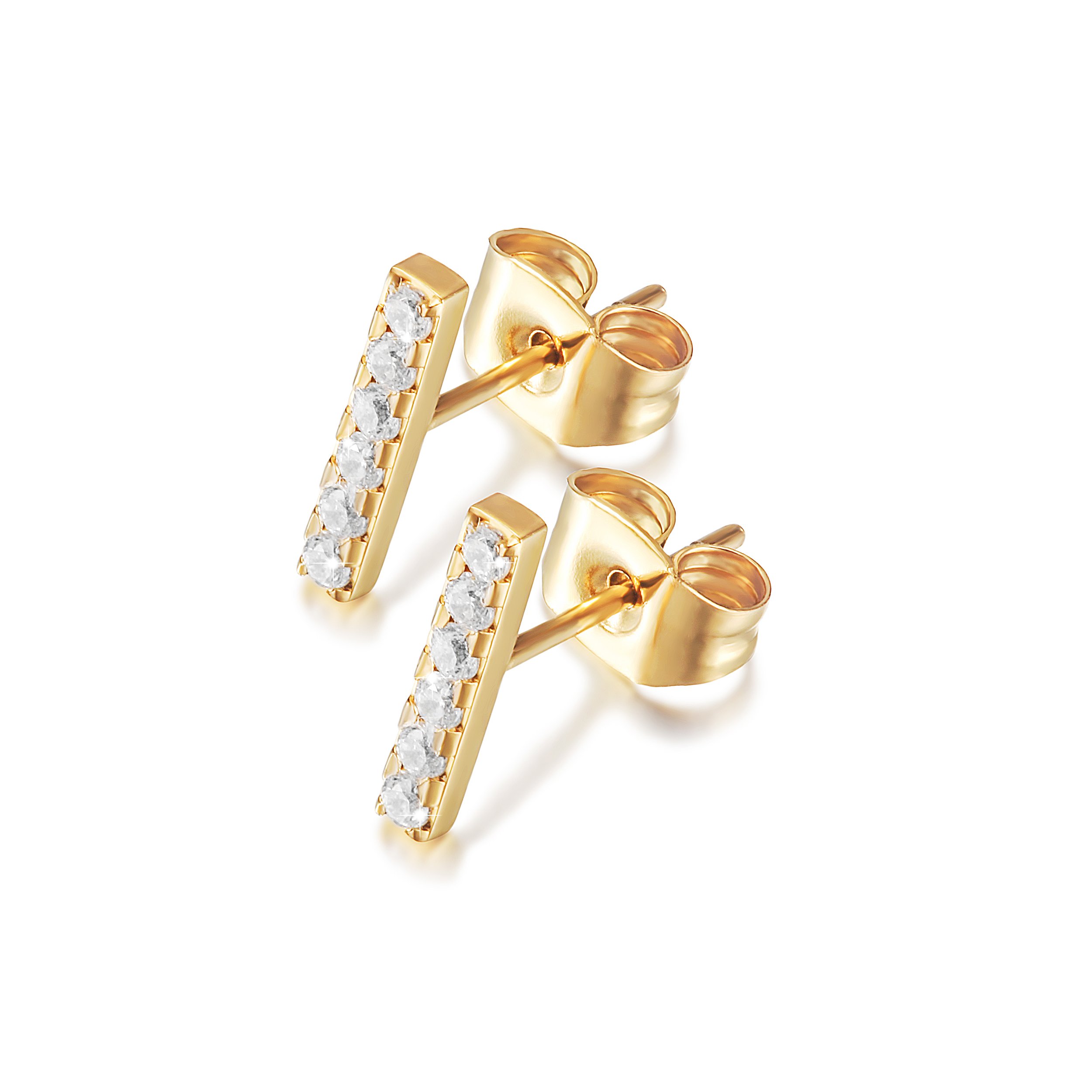 Elegant BAR CZ Stud Earrings made from surgical stainless steel with gold plating, showcasing a modern design.