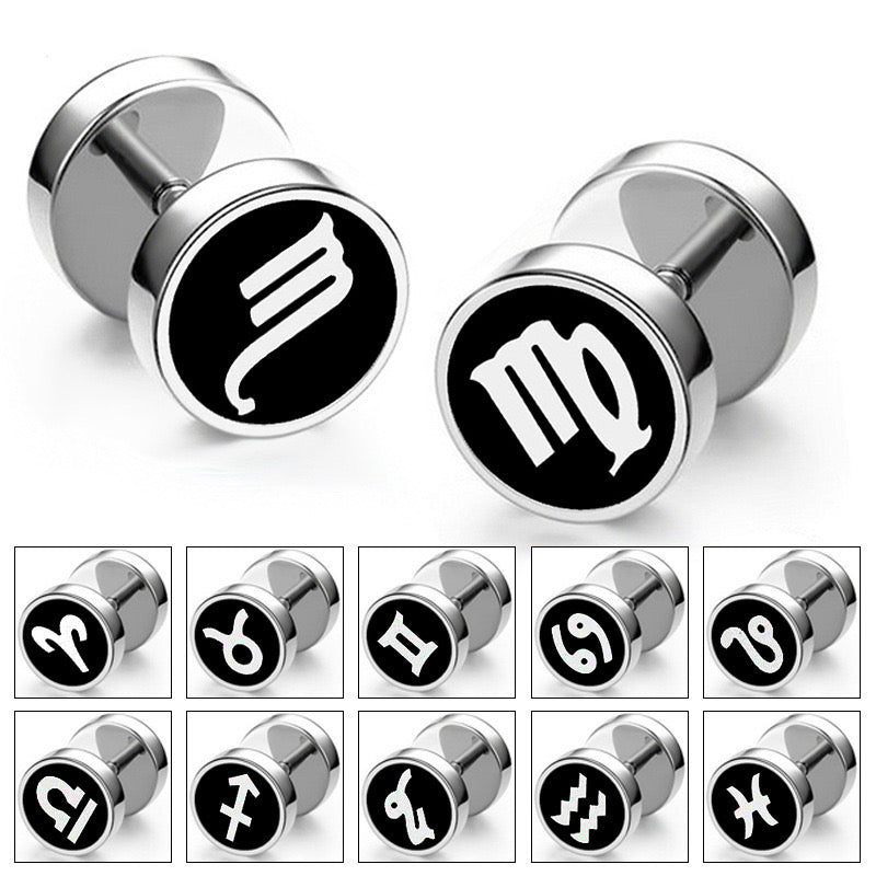 Barbell Star Sign Ear Studs made of stainless steel, featuring a unique star sign design, compact 8mm size, and lightweight at 1.98g.