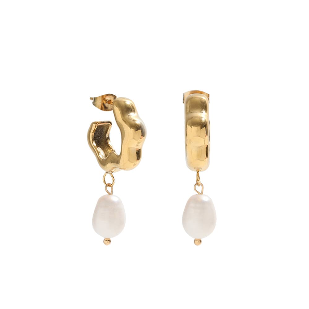 Barretta Bridal Pearl Earrings featuring yellow gold clouds and white freshwater pearl drops, elegantly designed for brides.