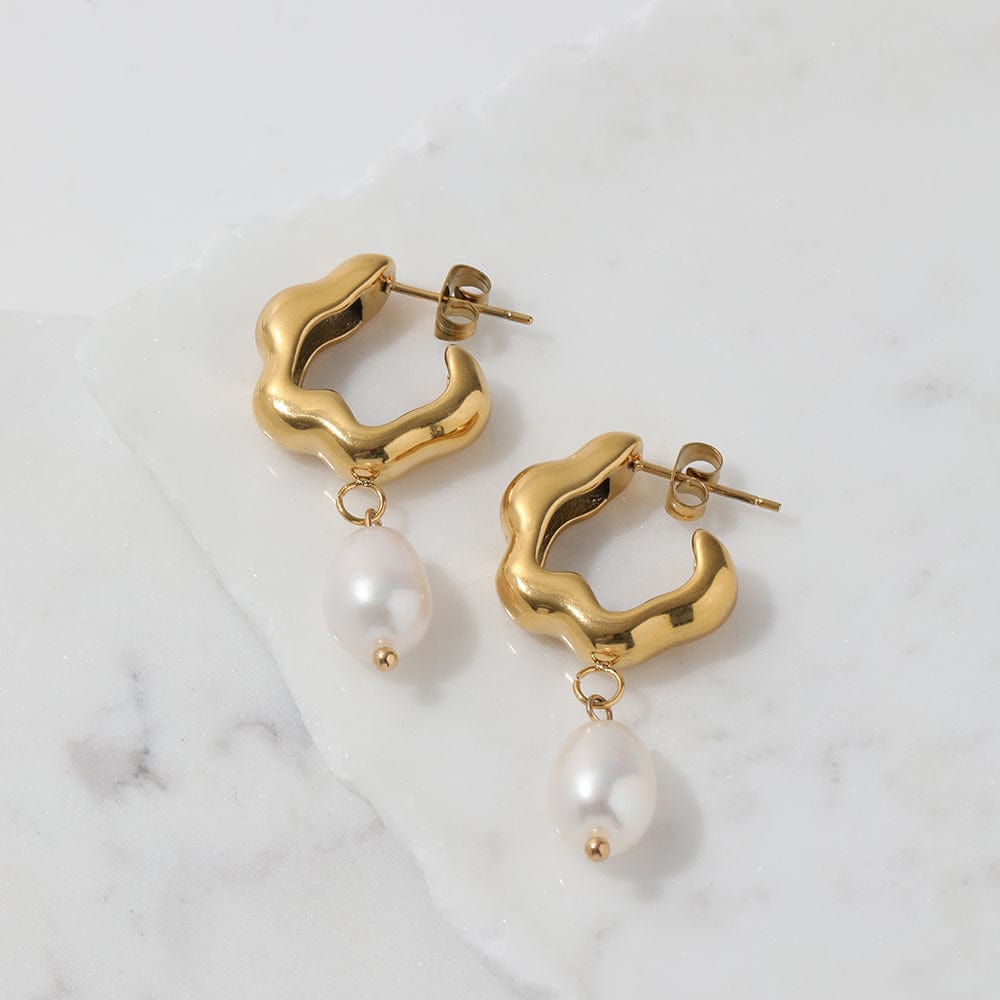 Barretta Bridal Pearl Earrings featuring yellow gold clouds and white freshwater pearl drops, elegantly designed for brides.