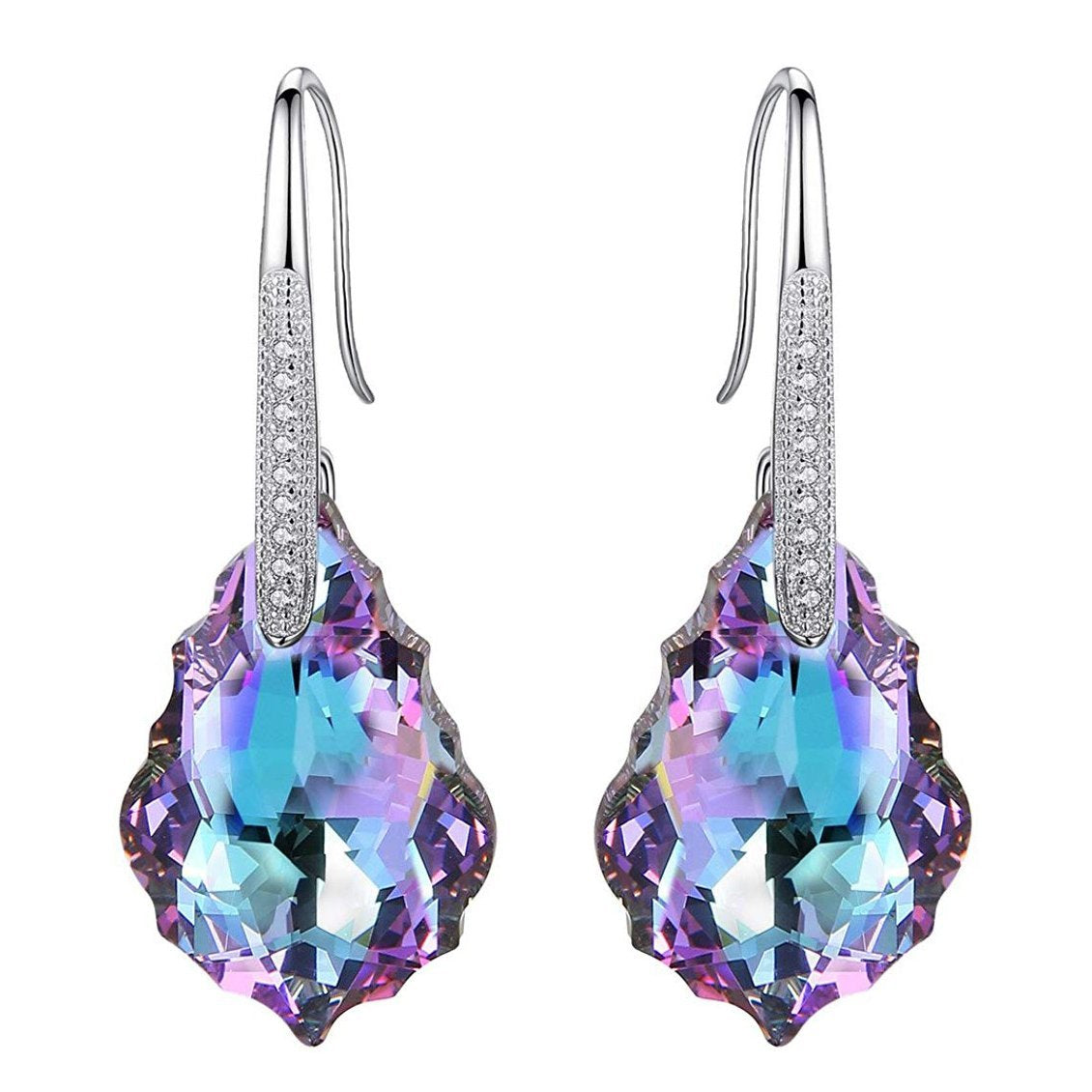 Elegant Baroque Drop Changing Color Drop Earrings designed in Italy, featuring 18K white gold plating and changing color Austrian crystals.