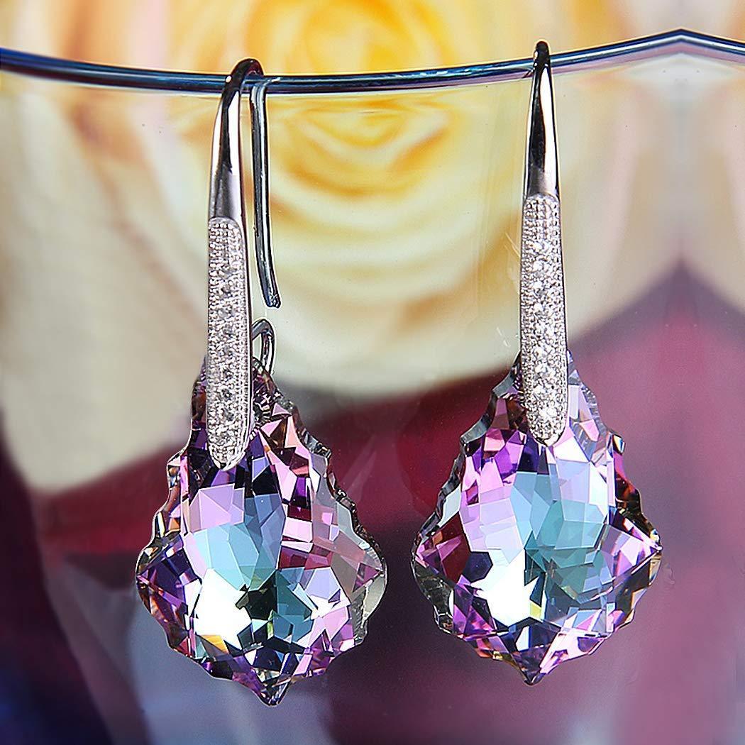 Elegant Baroque Drop Changing Color Drop Earrings designed in Italy, featuring 18K white gold plating and changing color Austrian crystals.