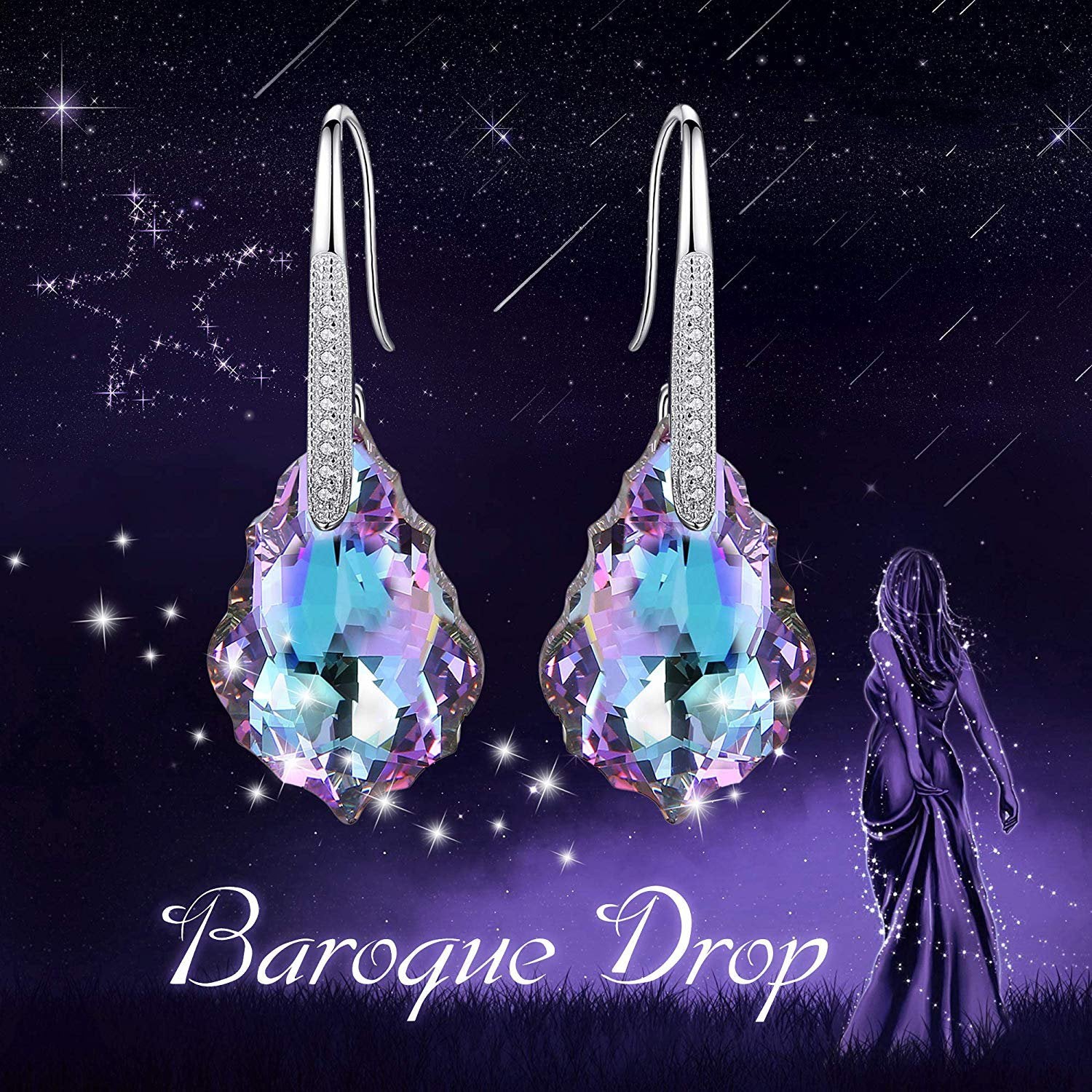 Elegant Baroque Drop Changing Color Drop Earrings designed in Italy, featuring 18K white gold plating and changing color Austrian crystals.