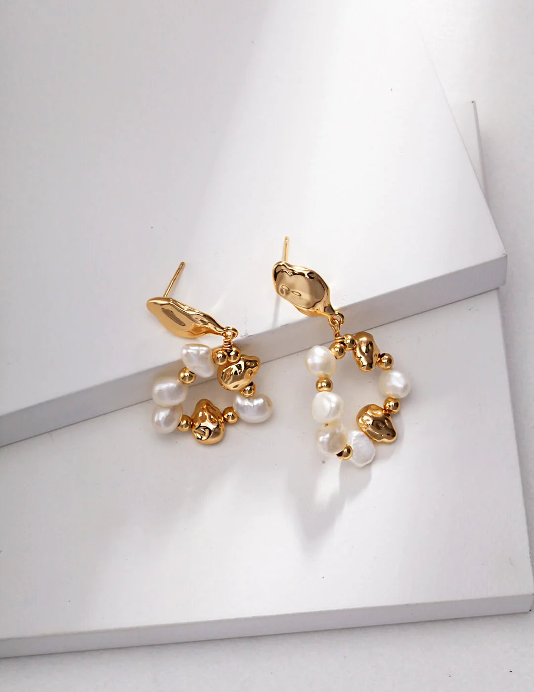 Elegant Baroque Pearl and Irregular Gold Ball Earrings, showcasing natural pearls and gold vermeil craftsmanship.