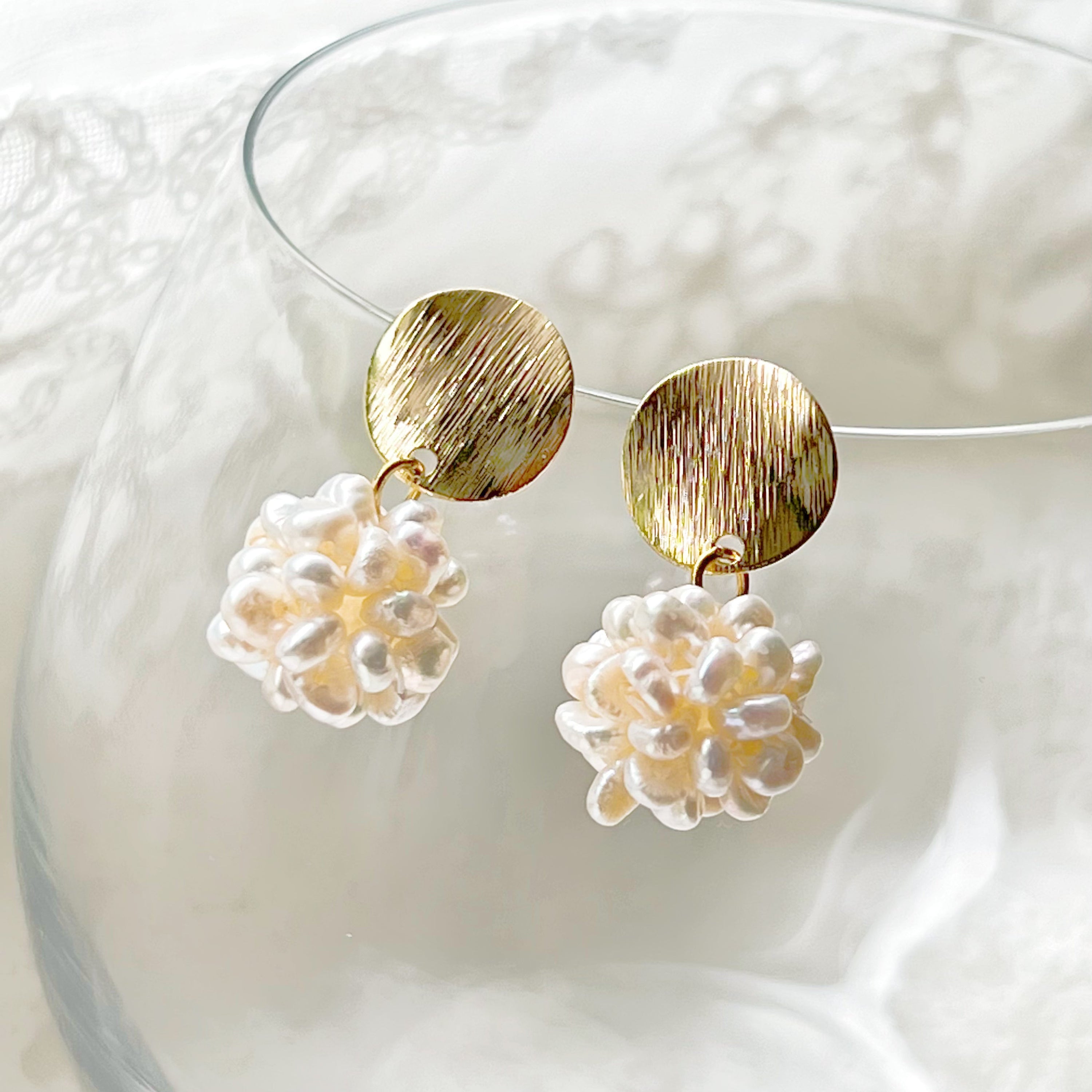 Elegant Baroque Pearl Cluster Drop Earrings featuring handmade freshwater pearls in a globe shape with gold-plated studs.