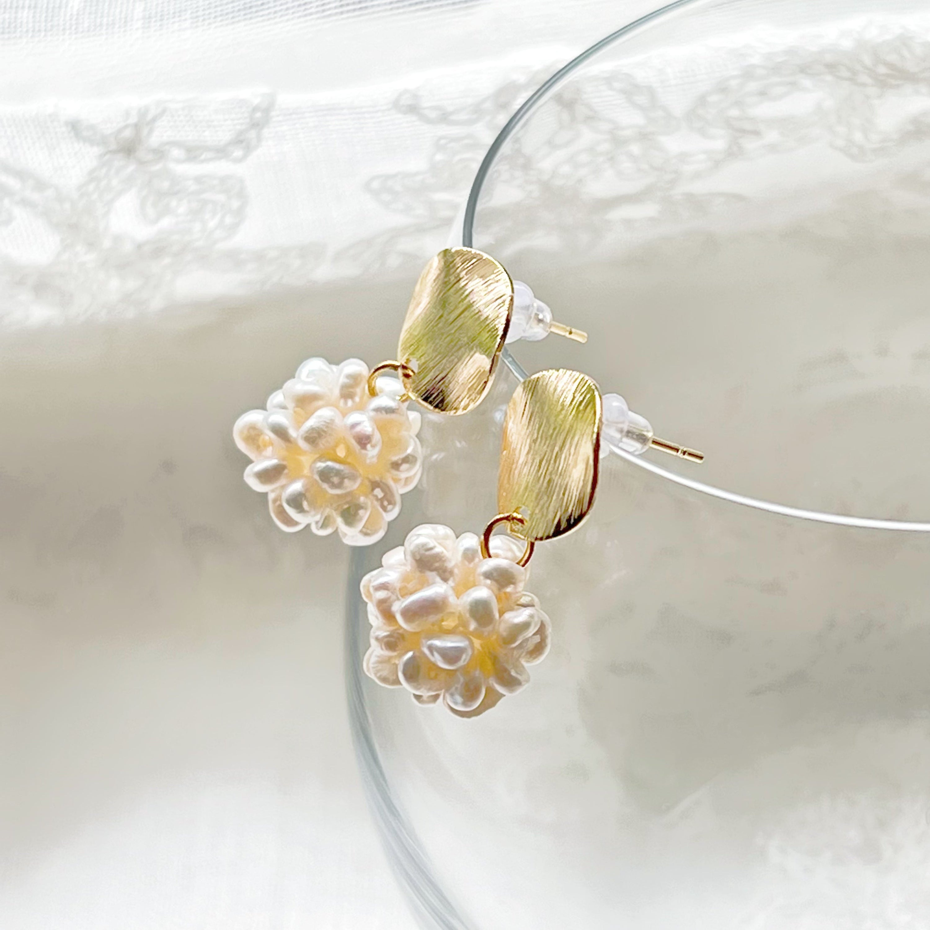 Elegant Baroque Pearl Cluster Drop Earrings featuring handmade freshwater pearls in a globe shape with gold-plated studs.