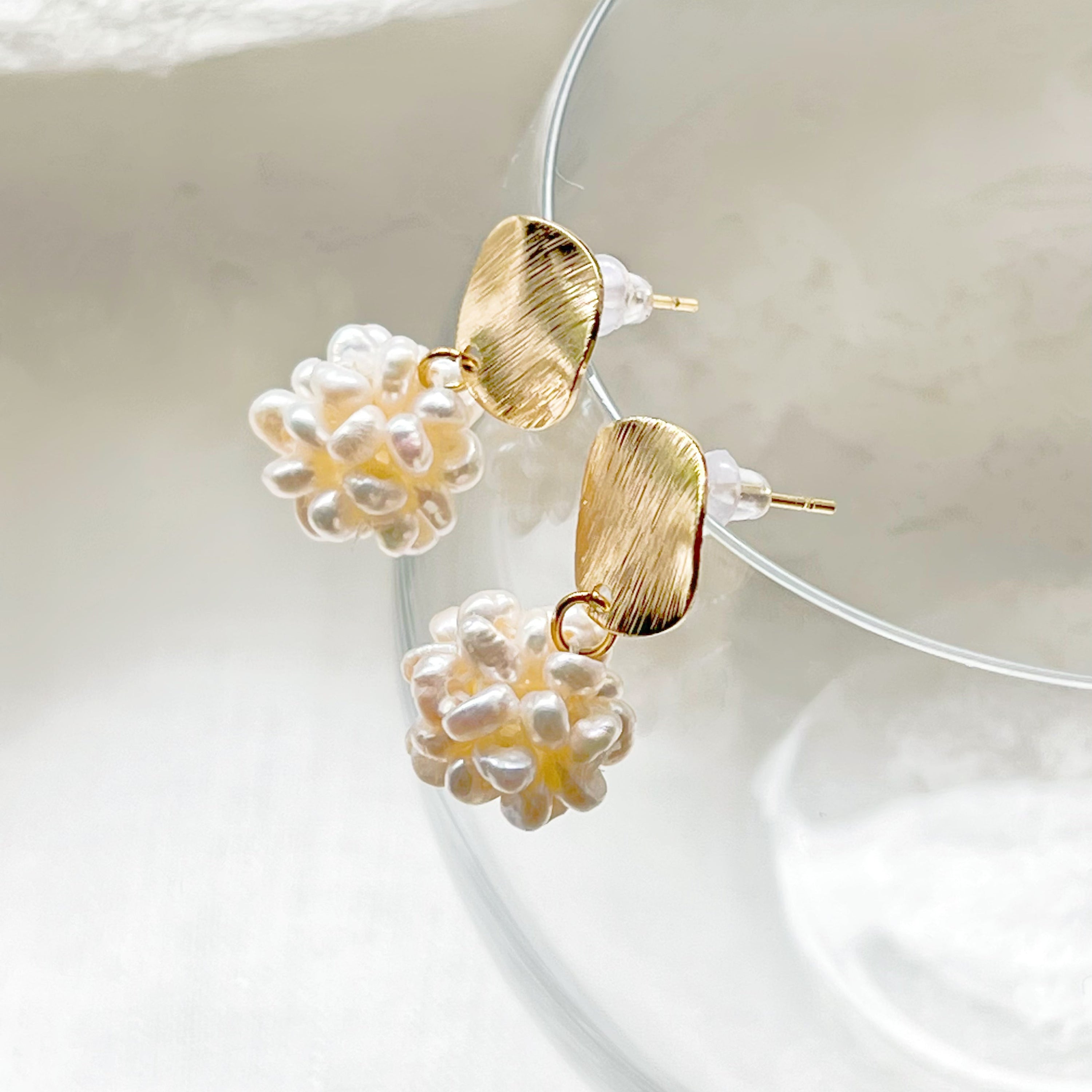 Elegant Baroque Pearl Cluster Drop Earrings featuring handmade freshwater pearls in a globe shape with gold-plated studs.