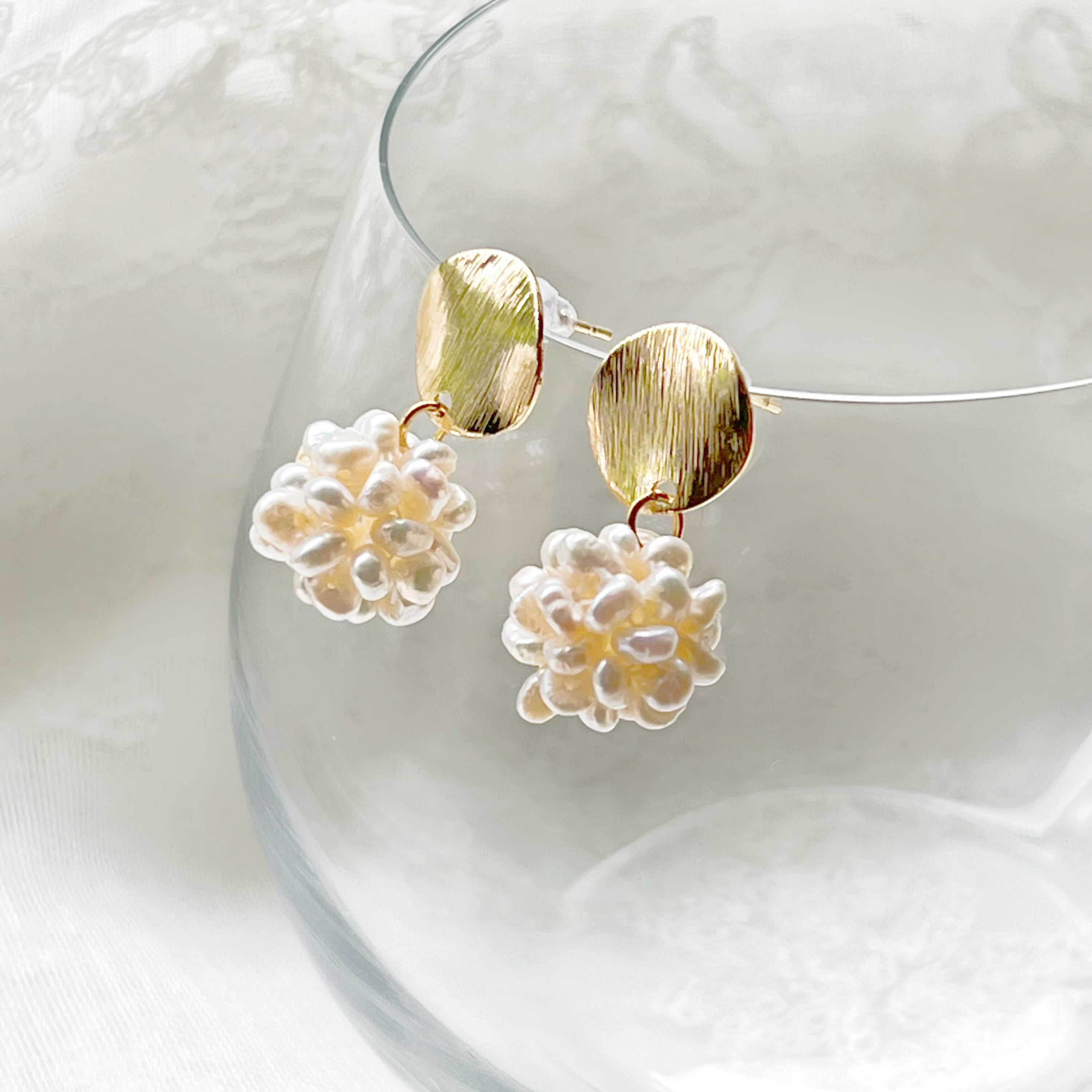 Elegant Baroque Pearl Cluster Drop Earrings featuring handmade freshwater pearls in a globe shape with gold-plated studs.