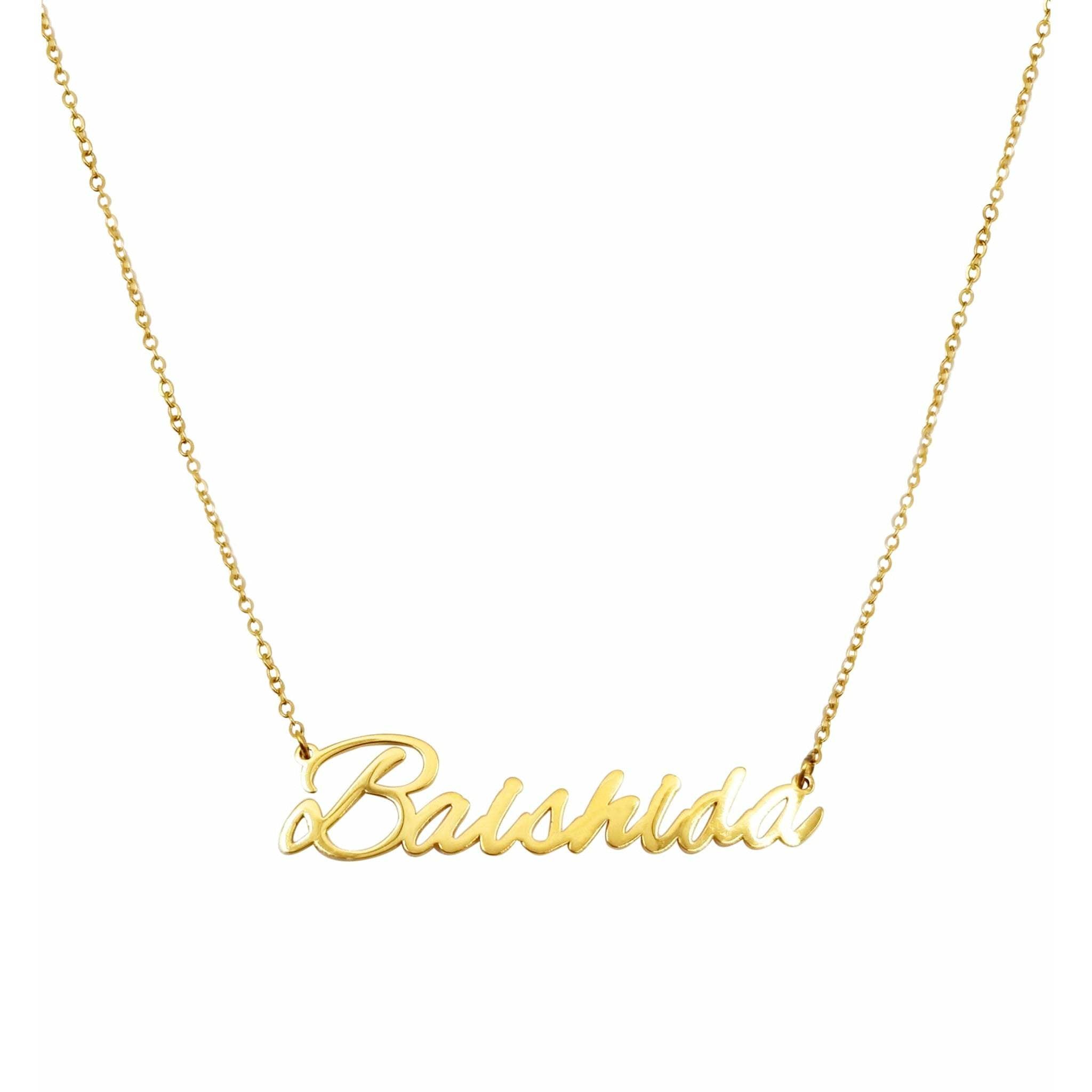 Bashida Name Necklace made of stainless steel with gold plating, featuring an adjustable chain.