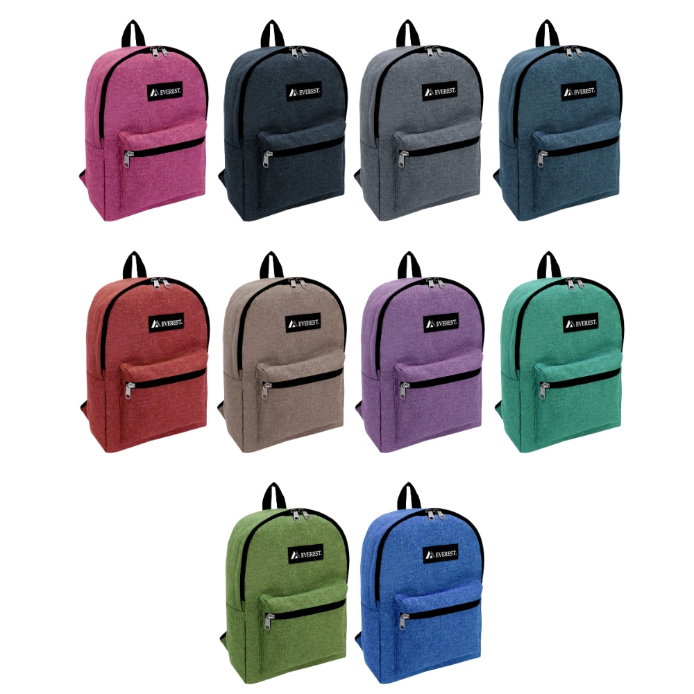 Basic Denim Backpack featuring a color block design, spacious main compartment, and front zippered pocket, made from durable 600D polyester.